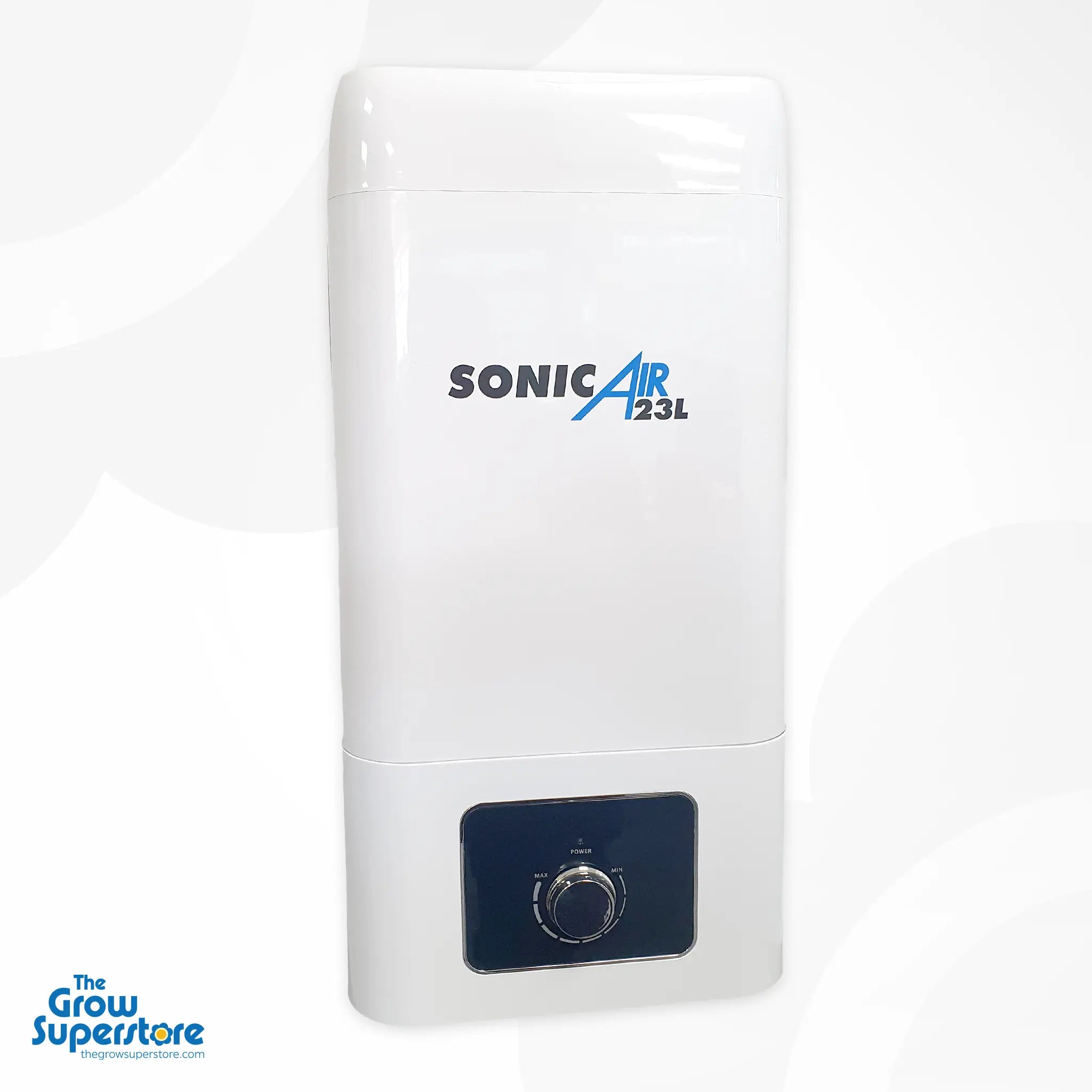 Angled shot showing the SonicAir logo, manual adjustment dial and UK plug cable on the 23 L humidifier – thegrowsuperstore.com