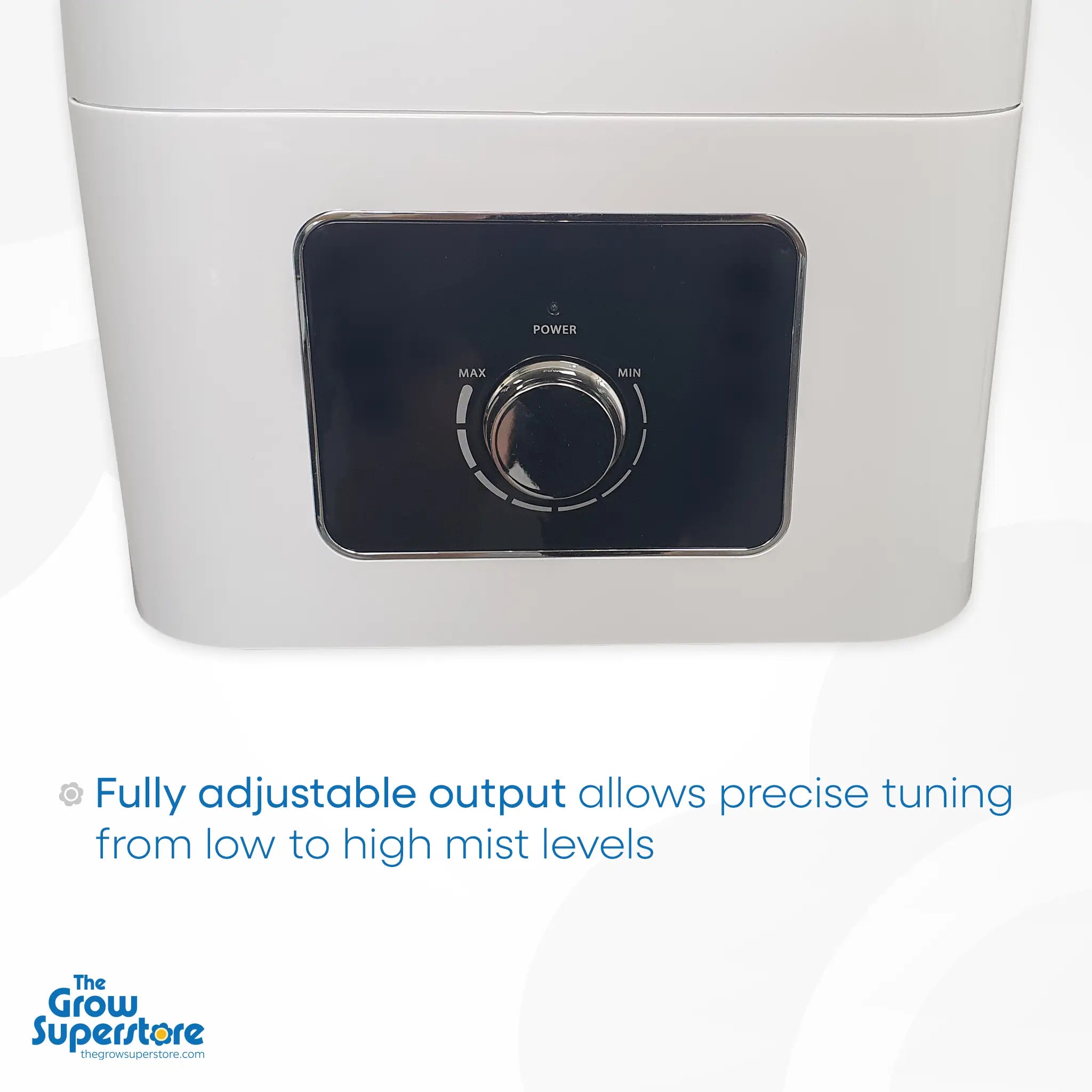Lower‑front close‑up of the manual control dial and mist output interface on the SonicAir 23 L humidifier – thegrowsuperstore.com