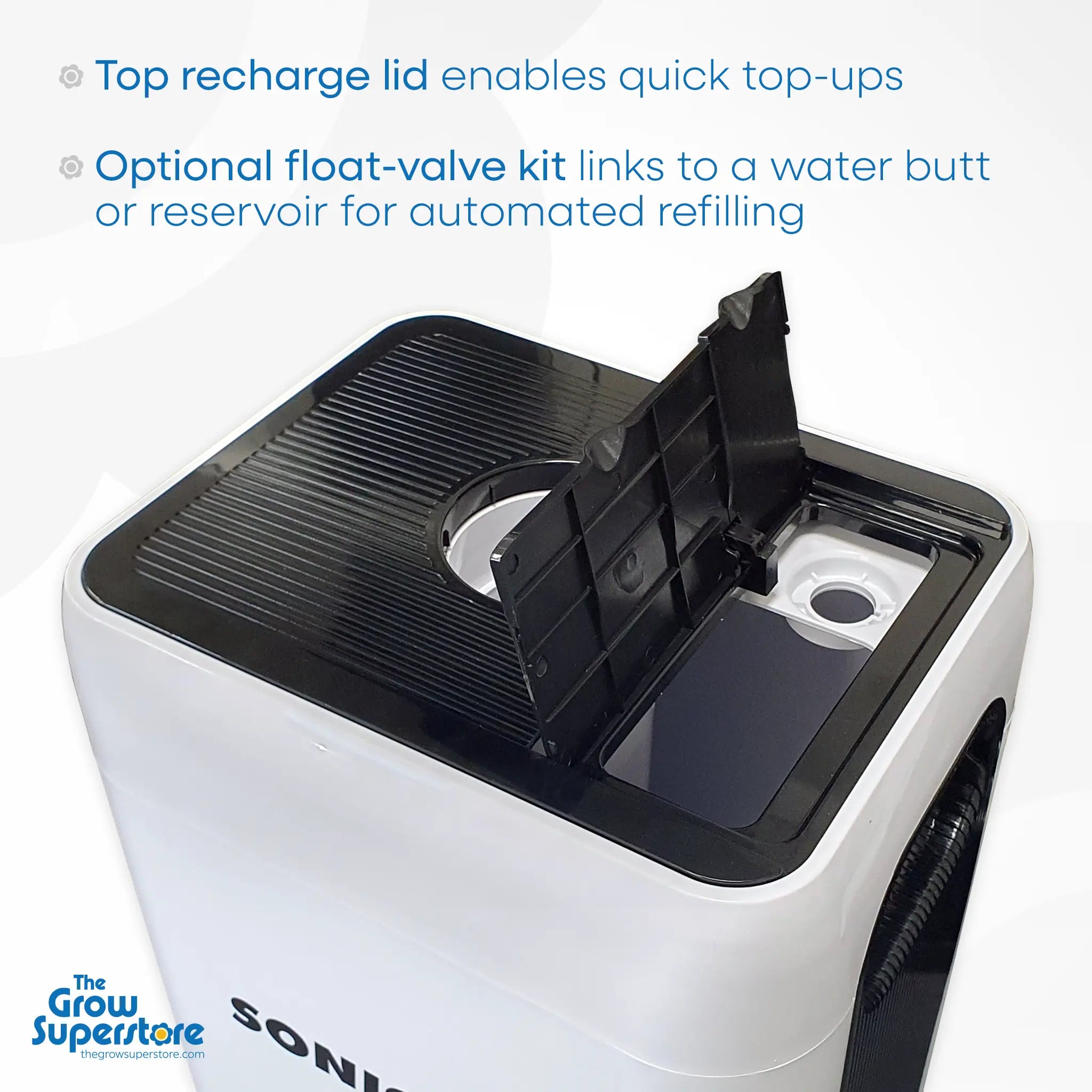 Overhead view of SonicAir 23 L humidifier with top‑fill recharge lid open for hose refilling access – thegrowsuperstore.com