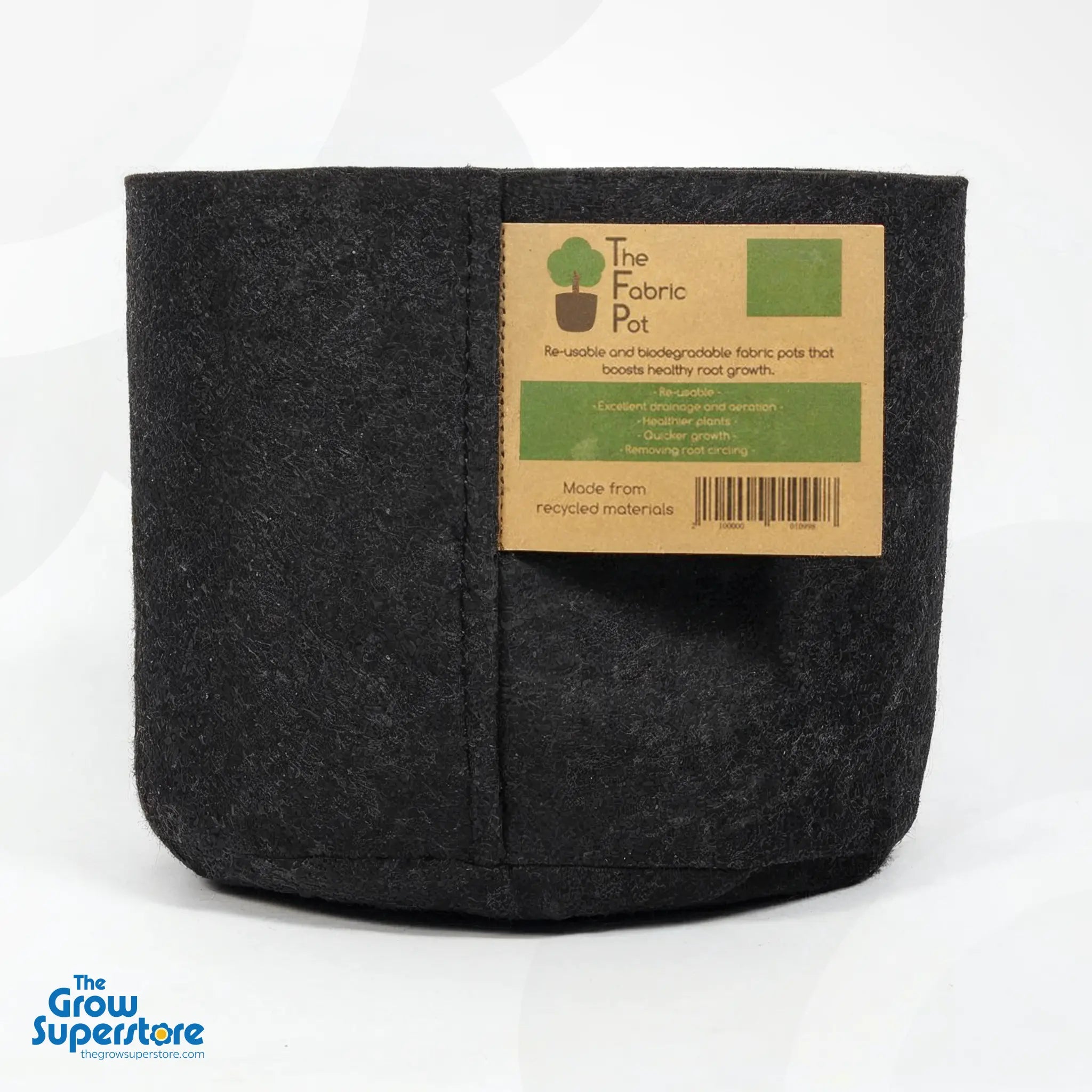 Close-up of 5L black round fabric grow pot with eco-friendly product label – thegrowsuperstore.com