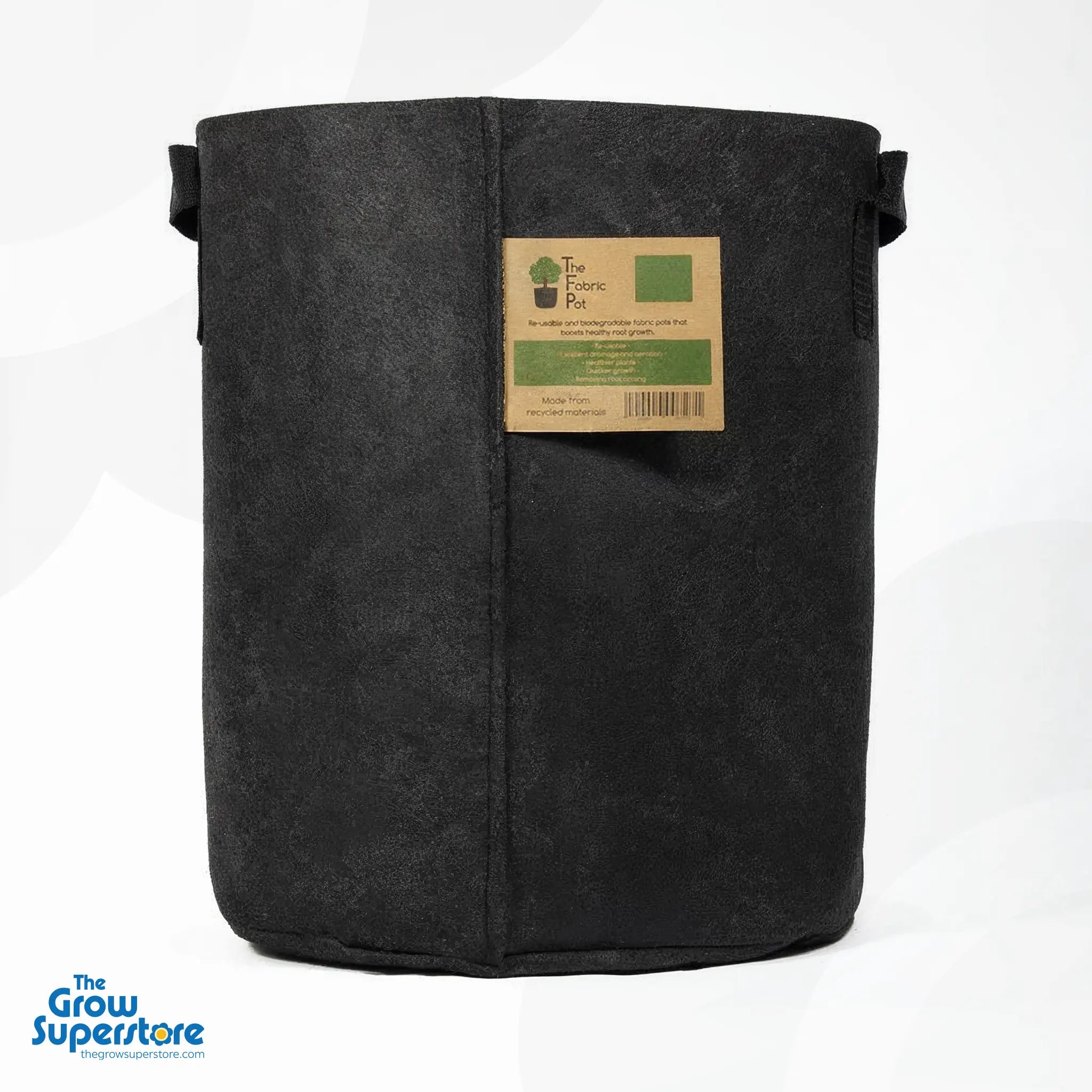Tall 40L round black fabric grow bag shown front-facing with product label – thegrowsuperstore.com