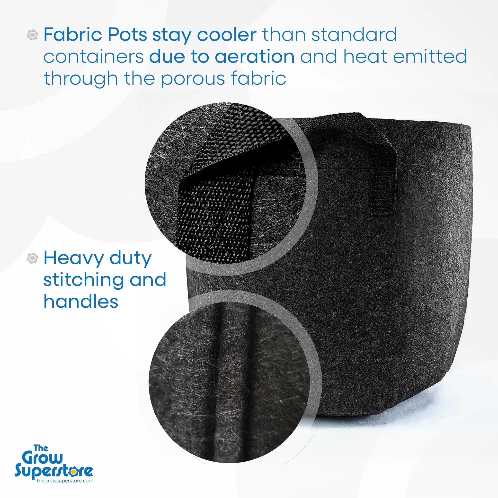Detailed view of stitching and fabric texture of black fabric grow bag – thegrowsuperstore.com