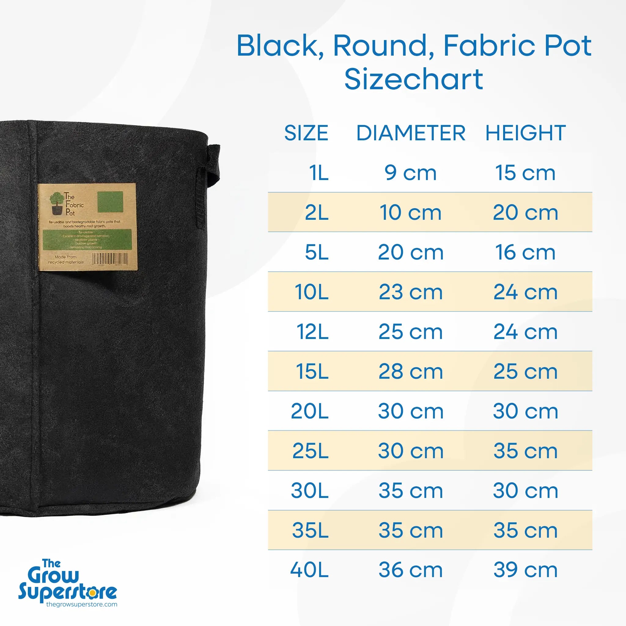 Black round fabric grow pot size chart with litres, diameters and heights – thegrowsuperstore.com