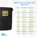 Black round fabric grow pot size chart with litres, diameters and heights – thegrowsuperstore.com