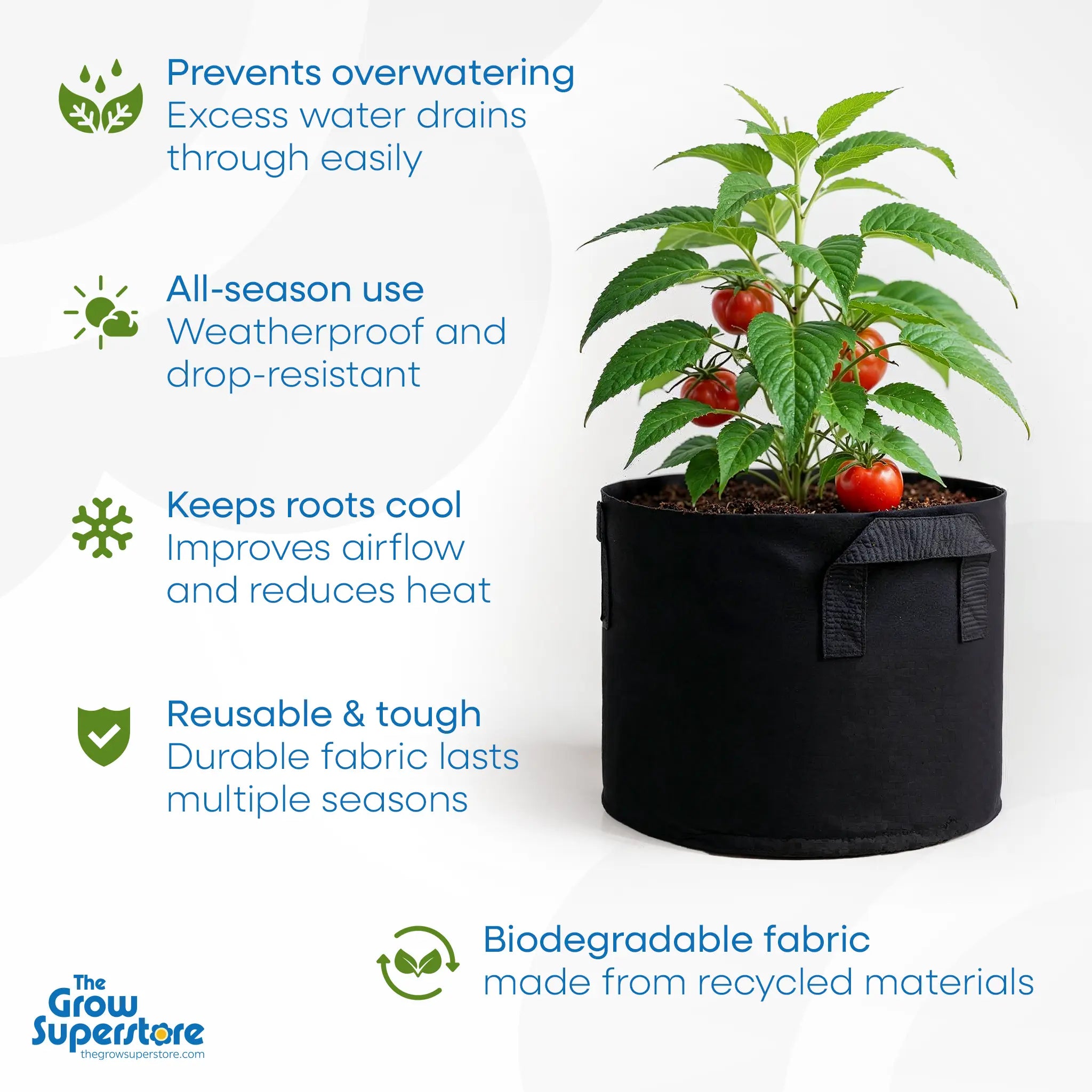 Tomato plant growing in a black fabric pot surrounded by feature icons – thegrowsuperstore.com
