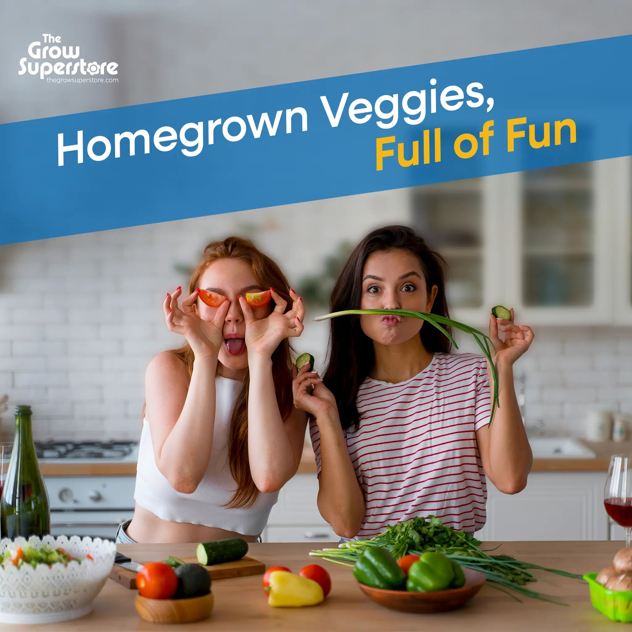 Two women having fun in kitchen with fresh homegrown vegetables – thegrowsuperstore.com