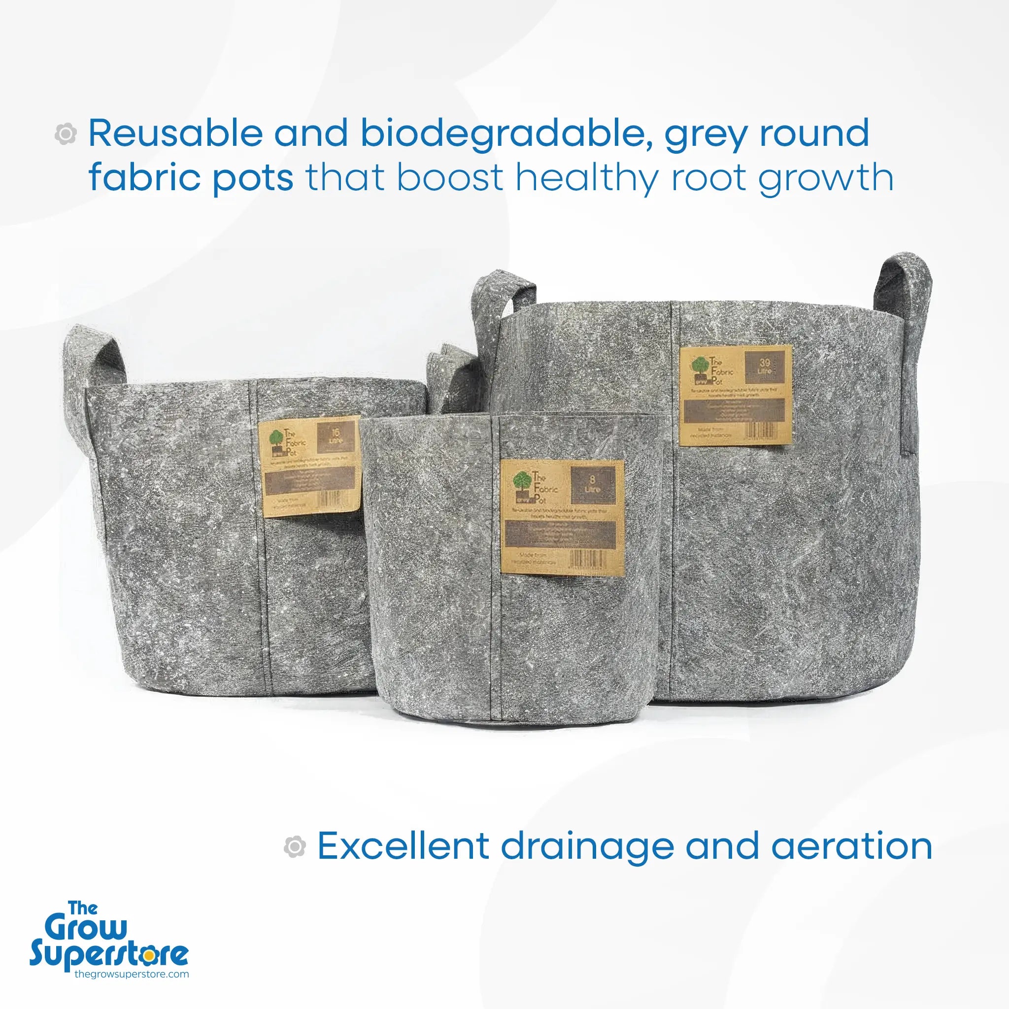 Three grey, round fabric plant pots of different sizes—8 L, 16 L and 39 L—standing together on a plain background, showcasing reusable, breathable containers that support healthy root growth – thegrowsuperstore.com