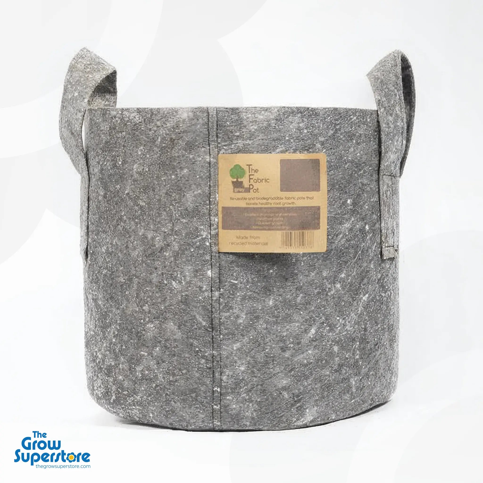 Grey round fabric pot seen from a slight angle highlighting thick handles and reinforced stitching on the sides – thegrowsuperstore.com