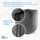 Grey round fabric plant pot showing heavy-duty stitched handles and close-up fabric texture, illustrating aerated design that reduces heat buildup – thegrowsuperstore.com